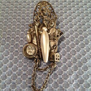 Vintage Steampunk Lapel Pin Brooch w/ Dangle Chain